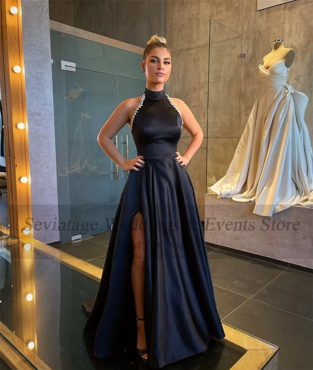 Sevintage preto alta pescoço vestidos de festa de formatura cetim fenda lado rendas vestidos de noite das mulheres formal vestido de ocasião especial outfits 2021