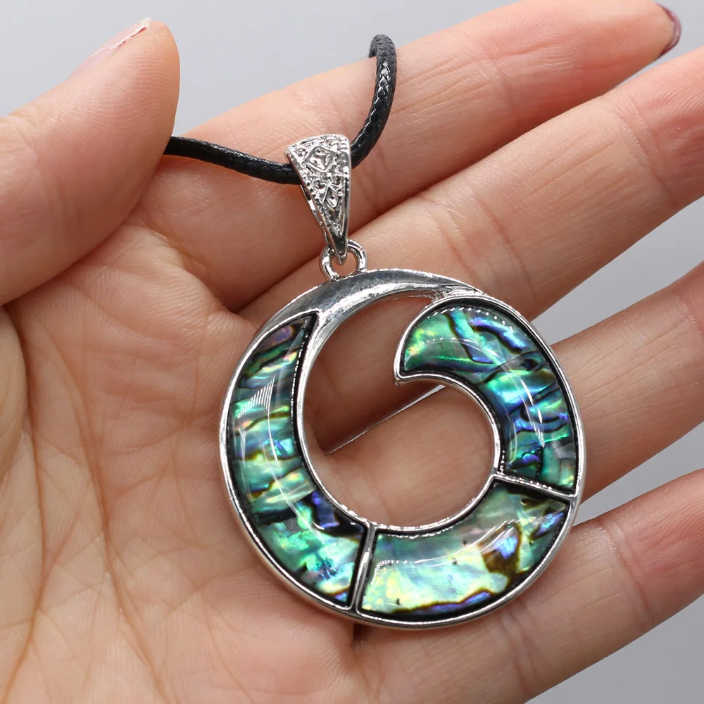 Natürliche Mutter der Perle Halskette Schmuck Hohle Runde Abalone Shell Anhänger mit Leder Seil Neck Kette Halsketten für Frauen Männer – Detail 3