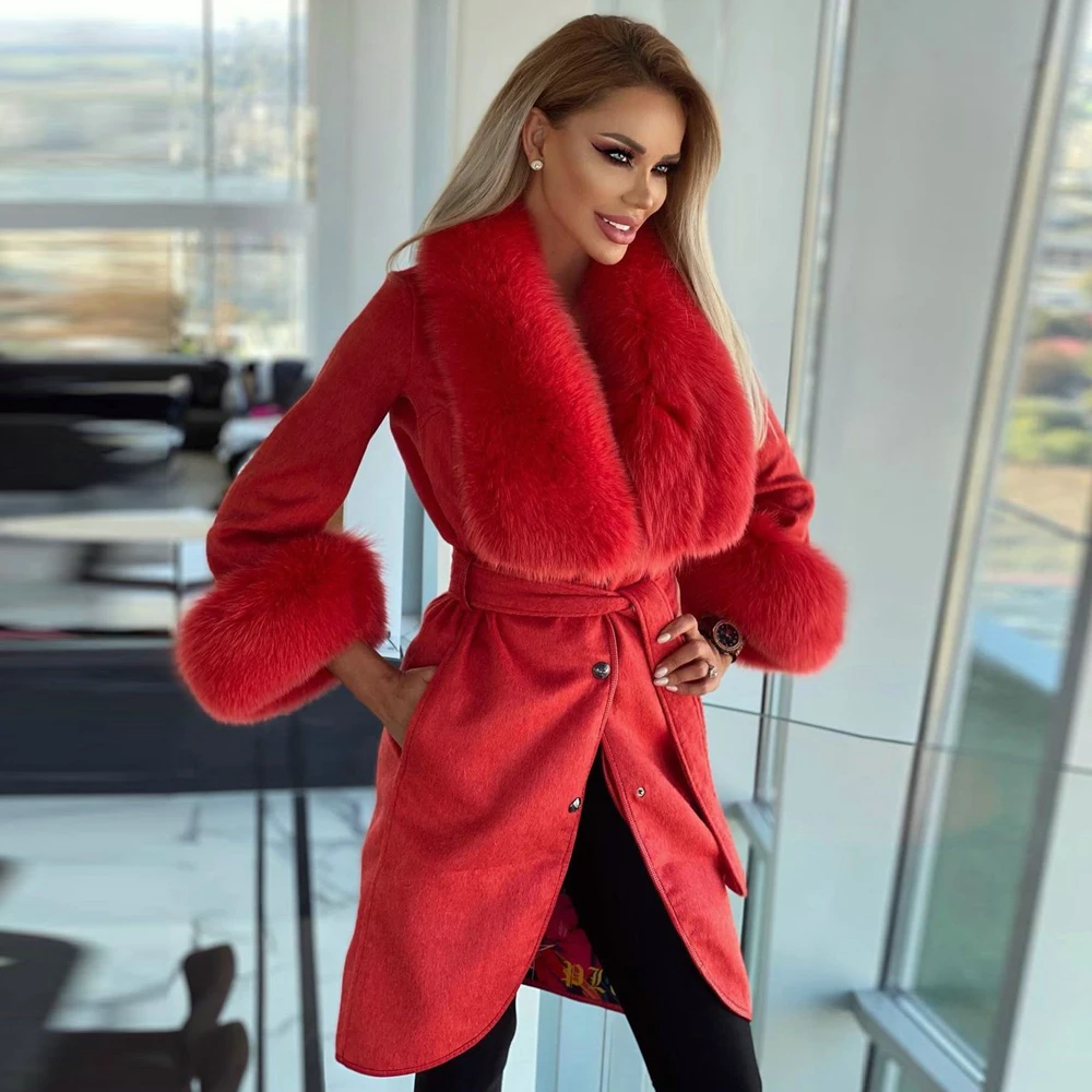 Women Natural Fur Coat with Belt Winter Fashion Long Cashmere Coats with Real Fox Fur Collar Thick Warm Fur Overcoats Luxury