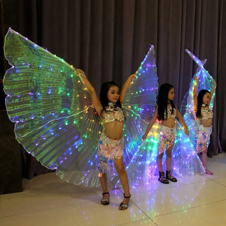 Children Led Isis Wings White Rainbow Kids Led Shining Wings Belly Dance Accessories Girls Dance Wings with Stick