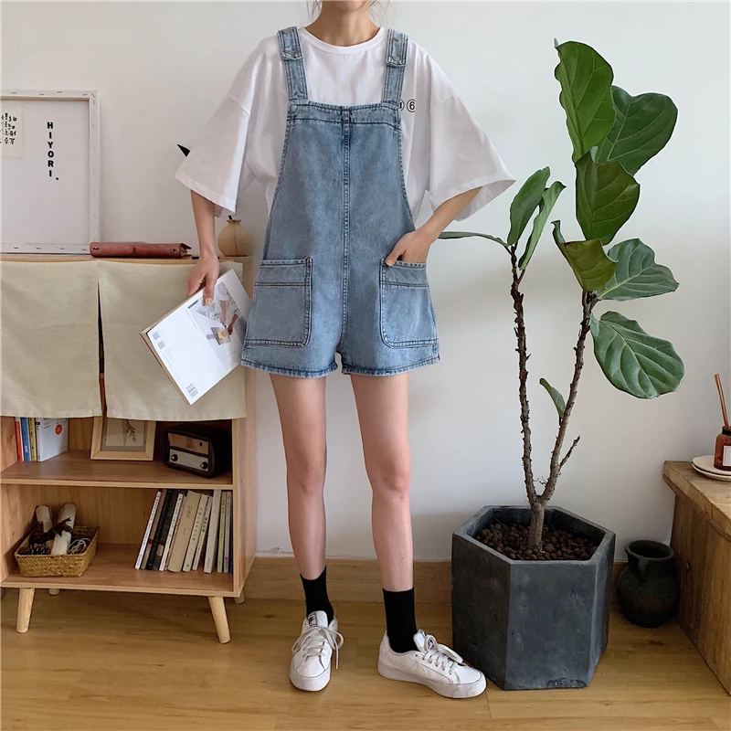 Mùa Hè Cao Cấp Quần Short Denim Nữ Áo Liền Quần Retro Hàn Quốc Tumblr Quần Jumpsuit Liền Quần Nữ Dáng Rộng Denim Treo Áo