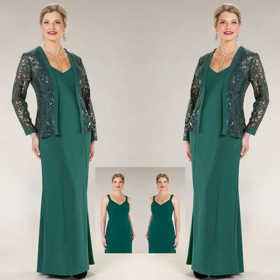 Robe pour mère de la mariée verte, avec veste, en dentelle, paillettes, bon marché, robe d'invitées de mariage, tenue formelle personnalisée pour femmes