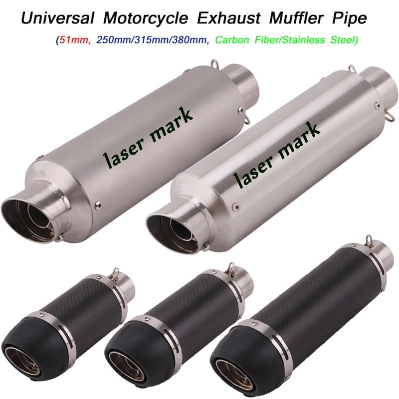 

250mm/315mm/380mm Length Motorcycle Exhaust Muffler Pipe Stainless Steel Carbon Fiber Silp On For 51mm Enter Silencer System