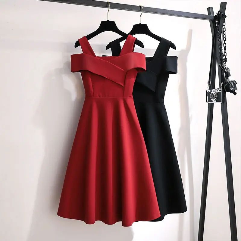 (40-100kg) 2025 New Big Size Slim Pure Color Dress French Style Graceful Sweet Slash Neck Dresses Girls Fashion Joker Date Skirt