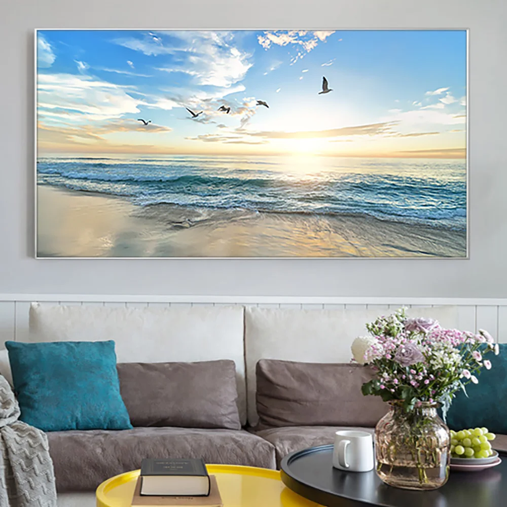 Ocean Beach Sea Gull And Sunrise Poster And Print Wall Art Canvas Painting Landscape Picture For Modern Living Room Decoration