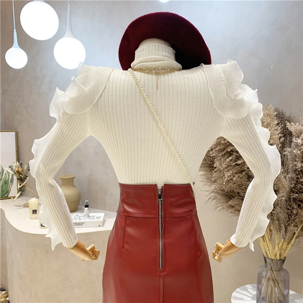 New Women\'s Top Clothing 2022 Autumn Winter Ruffle knit shirt Top high collar bottoming Shirt Long Sleeve Sweater