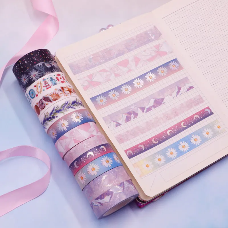 Decorative Daisy Starry Moon Silver Purple Mountains Foil Washi Tape Set for Photo Album Adhesive Masking Tape Kawaii Papeleria