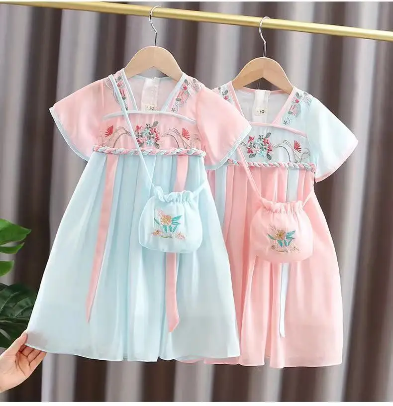 Hanfu Girls dress summer new girl baby Chinese style princess dress costume children\'s New Year Dress free small bag