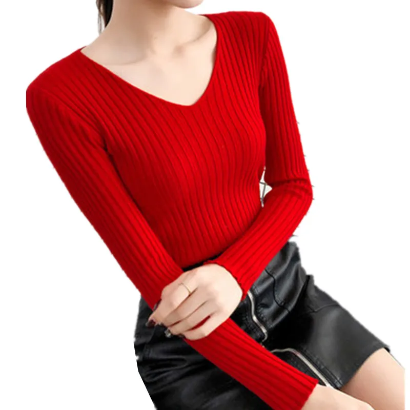 New Fashion V-neck Long-sleeved Knitt Sweater Autumn Winter All-match Slim Elasticity Tight Short Solid Color Sweater Tops A11