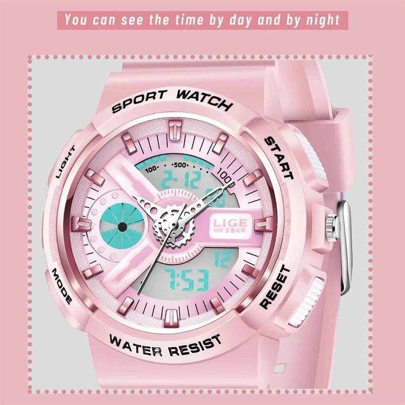 LIGE New Sport Women Quartz Digital Watch Creative Diving Watch Ladies Waterproof Alarm Watch Dual Display Clock Montre Femme