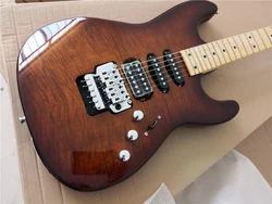 sunburst electric guitar,basswood body,flamed maple veneer,tremolo bridge,SSH pickups,chrome buttons