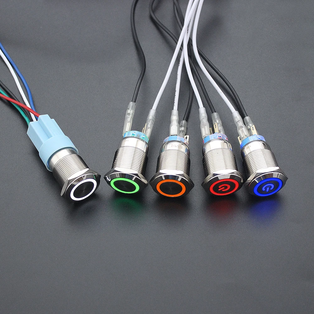 19mm Waterproof 12V 24V 220V 3V Metal Push Button Switch Latching Momentary Reset Horn LED Press Ring Light Car Auto PC Power