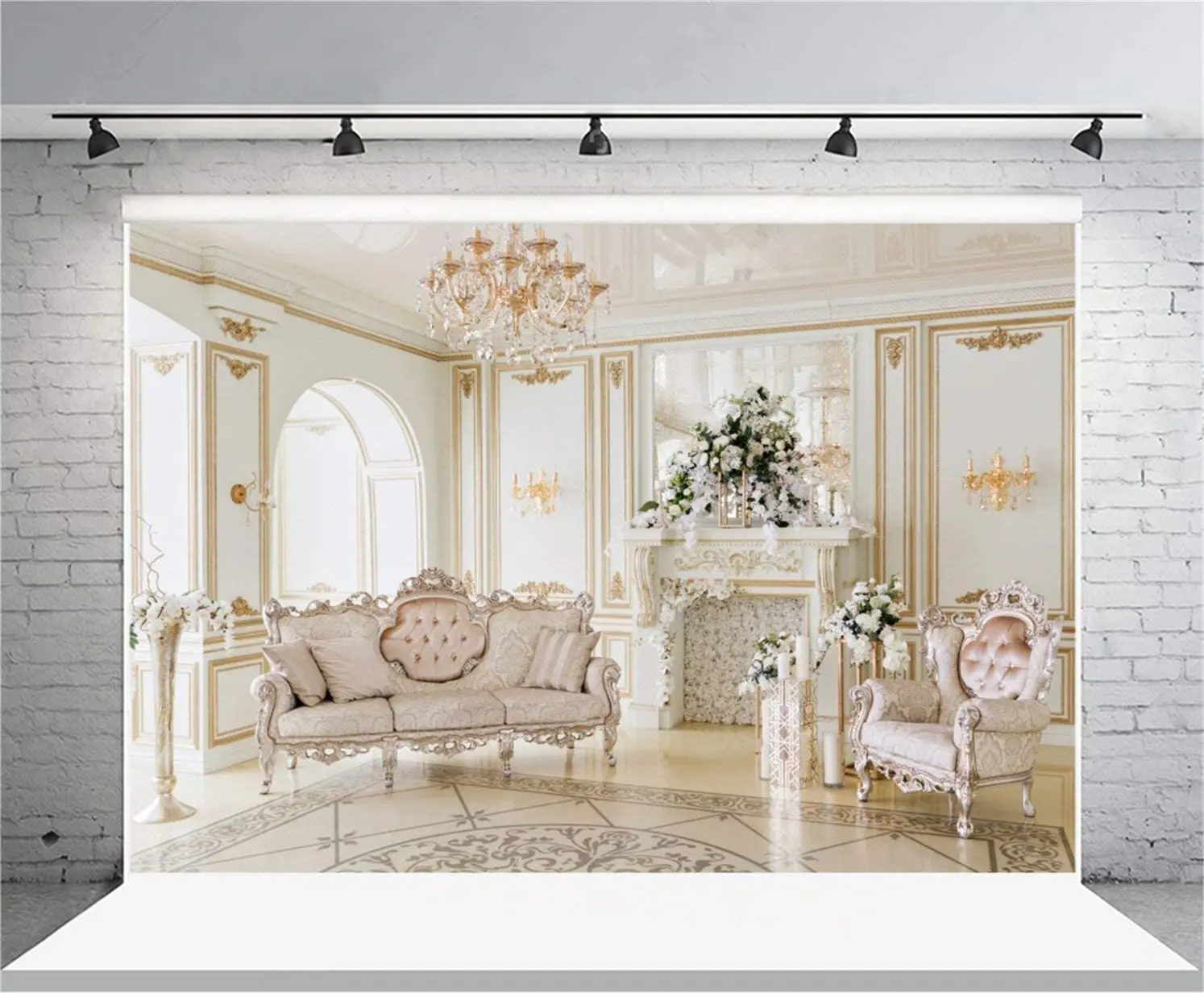 Luxury Indoor Furnishing Backdrop Royal Chandelier Chair Sofa Mantel Fireplace Flower Photography Background Interior Decoration