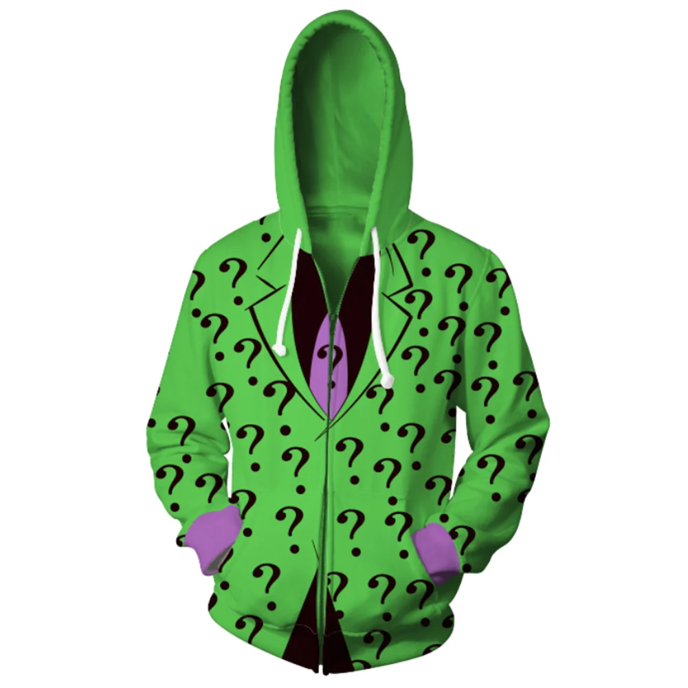 Riddler Cosplay bluza z kapturem mężczyźni kobiety 3D bluza z nadrukiem sweter kurtka zapinana na zamek płaszcz casualowe w stylu Streetwear