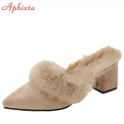 Aphixta Warm Real Rabbit Hair Slippers Women Shoes Winter Pointed Toe Luxury Real Fur Square Heel Lady Mujer Indoor Slides