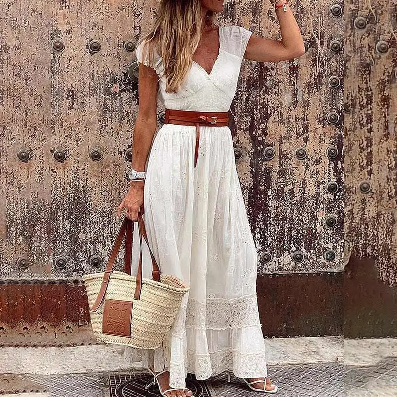 

Women's Boho White Long Dress V-Neck Lace Patchwork Solid Casual Robe Female Summer Nice Sweet Stylish Elegant Dresses Plus Size