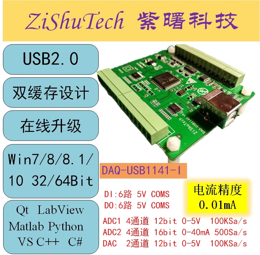 

USB1141-I карта сбора данных напряжения и тока 4-канальный 16-разрядный ADC 0-20mA LabviewPythonC #