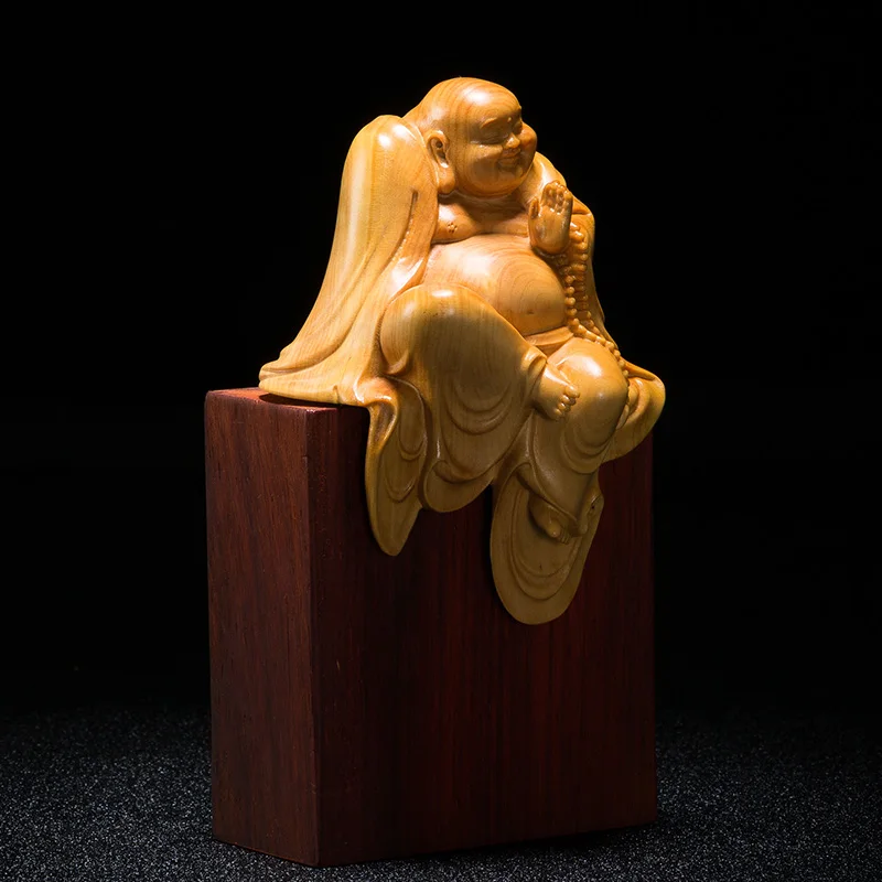 Imagem -03 - Buda Feliz Esculpido à Mão de Madeira com Base Rosewood Feng Shui Collectible