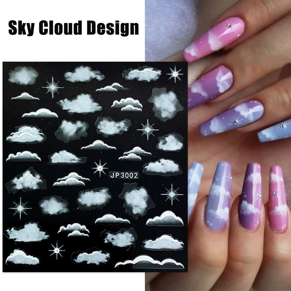 White Sky Cloud Nail Stickers 5D Star Moon Rose Angel Christmas Snowflake Embossed Design Slider Transfer Decal NLJP1019-JP1036