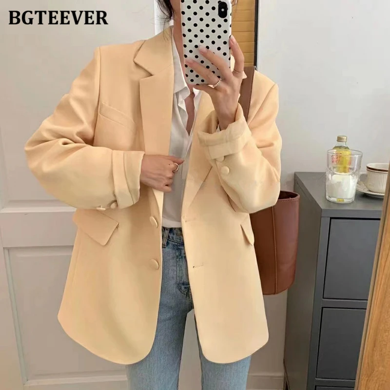 BGTEEVER Neue Frühling Herbst Lose Frauen Jacke Blazer Casual Kerb Kragen Langarm Weibliche Jacken 2021 Damen Anzug Mäntel