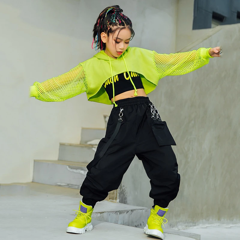 Disfraz de Jazz para niñas, ropa de Hip Hop, Tops verdes, manga de red, pantalones negros de Hip Hop para niños, Ropa de baile moderna de