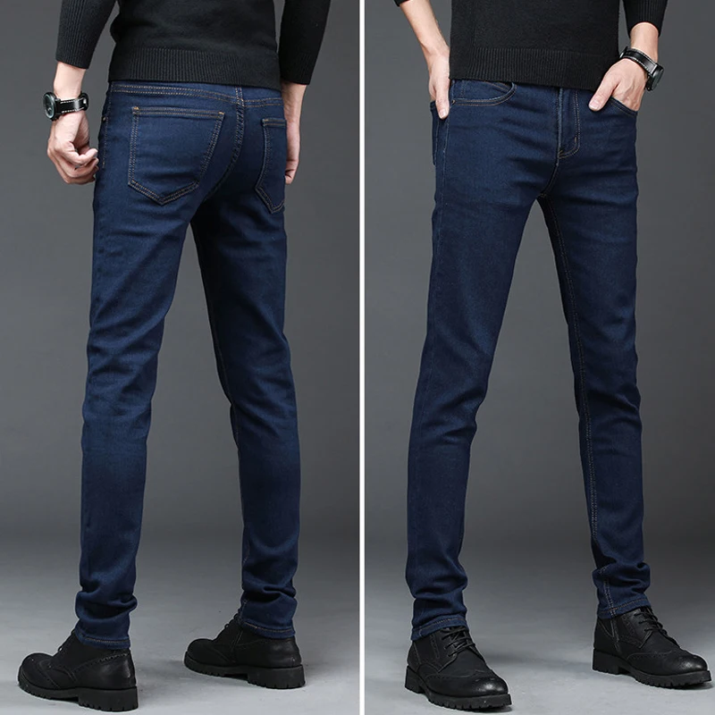 2024มาใหม่ล่าสุด celana JEANS DENIM ผู้ชายขาตรงเอวสูงผ้ายืดหยุ่นสูงกางเกงยีนส์แฟชั่นสำหรับ celana Slim