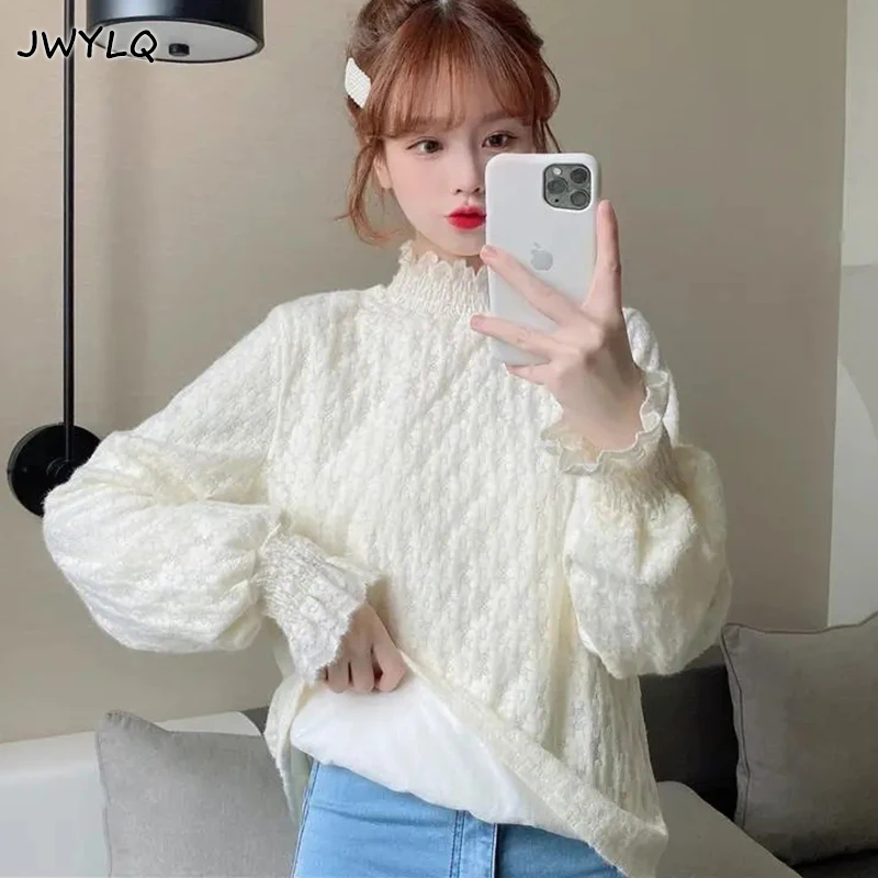 Plus Velvet Thickening Half High Collar Half High Collar Lace Top New All-match Ruffle Long Sleeve Loose Pullover Women Clothing