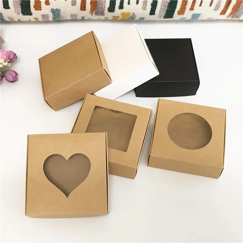 50pcs Paper Wedding Favor Gift Box Kraft Paper Cookies Candy PVC Windows Boxes Birthday Party Supply Accessories Packaging Box