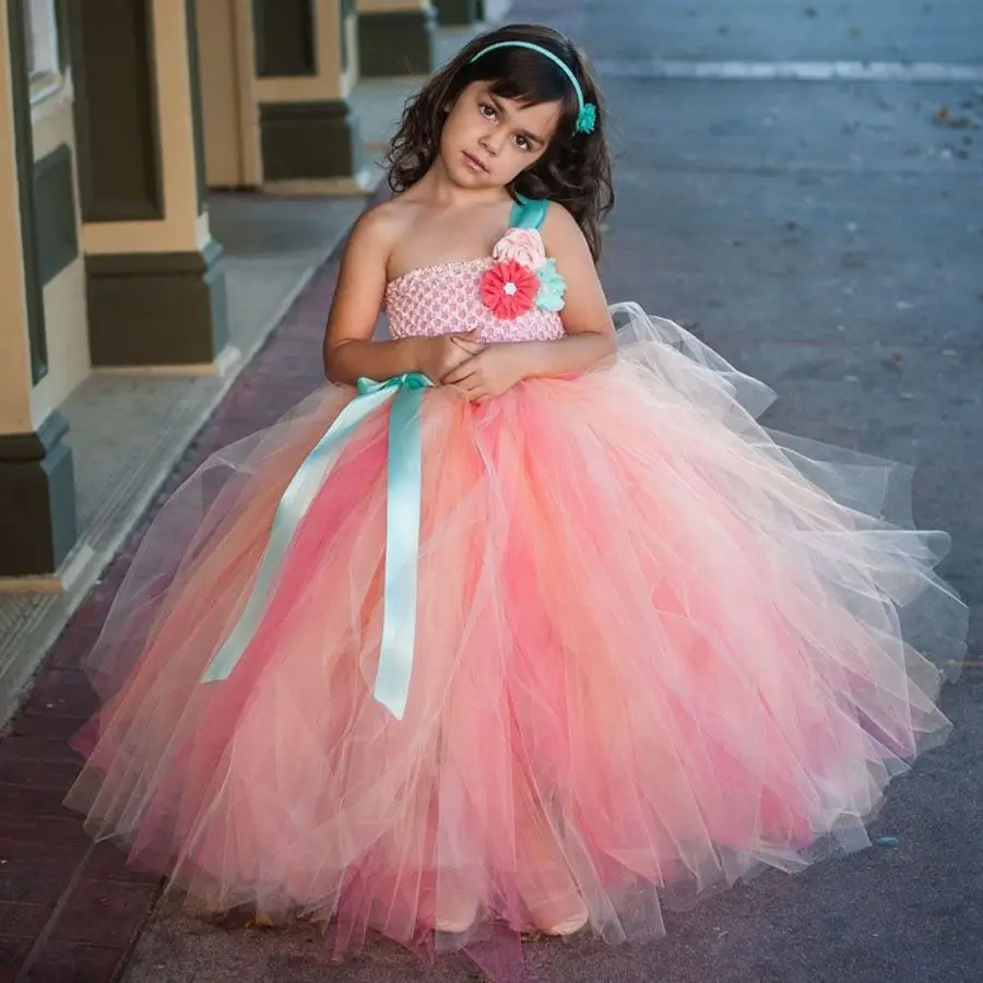 

Lovely Pink Flower Girls Dresses One Shoulder Tutu Fluffy Tulle Girl Pageant Gowns Hand Made Flowers Floor Length Birthday Party