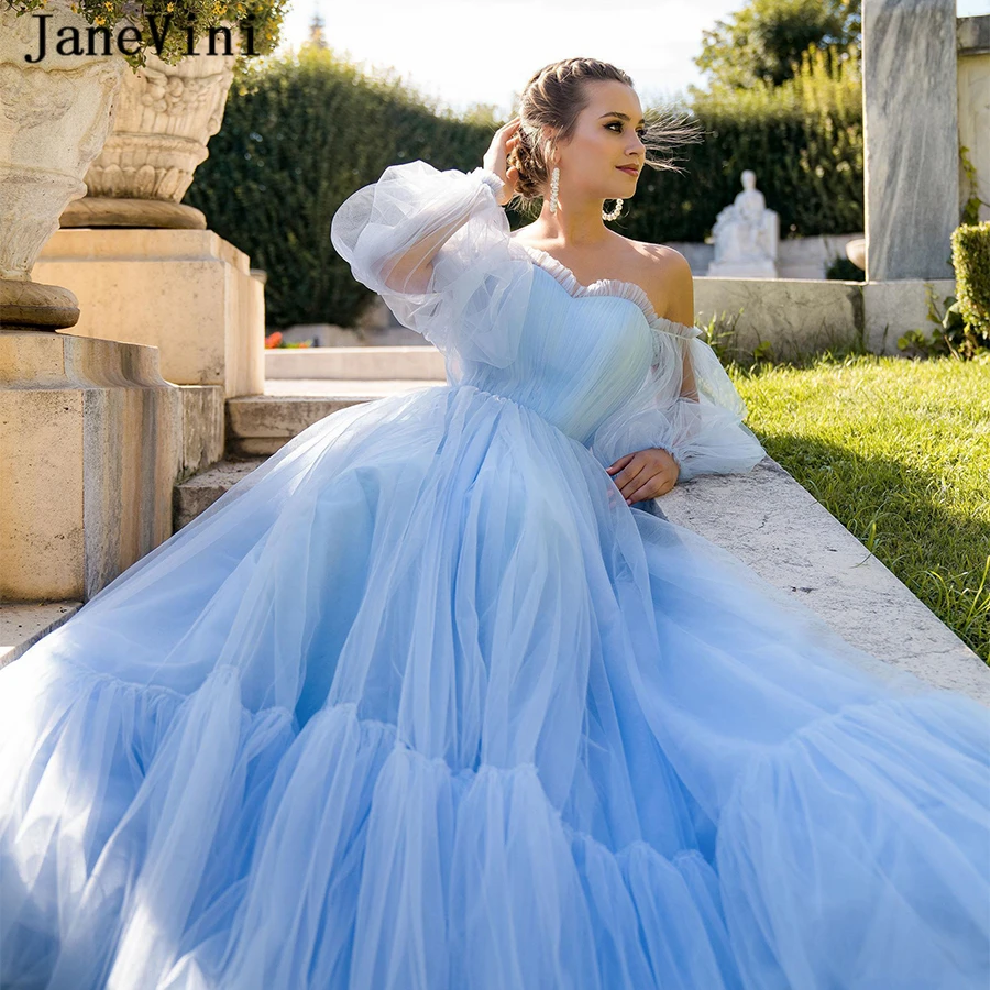 JaneVini-Vestidos de Fiesta de princesa rosa con mangas largas abullonadas, vestido Formal de talla grande, línea A de tul fruncido, encantador, 2020