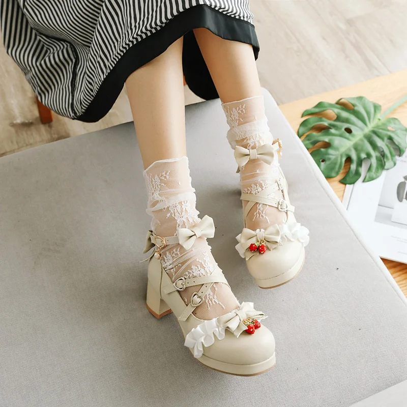 Japanese sweet lolita shoes kawaii girl round head high heel cross bandage kawaii shoes cosplay loli daily fashion single shoes