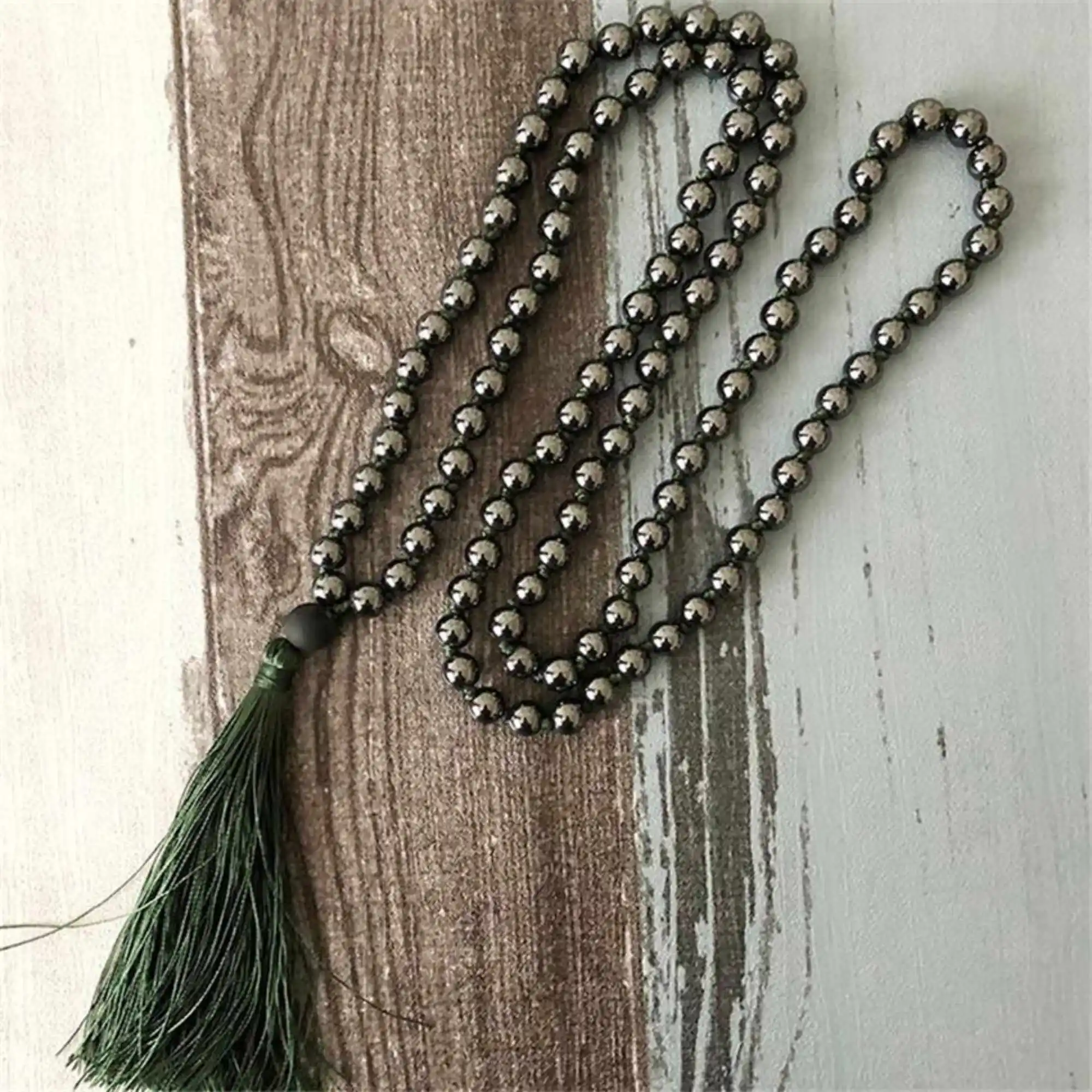 6mm Natural Hematite 108 Knot gemstone Bohemia Necklace Zen Wood Meditation Bohemian Beads Minimalist Rustic Stone Opera length