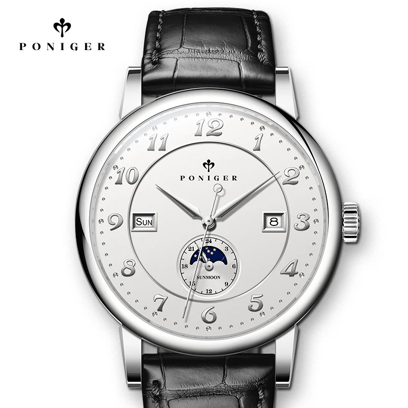 Switzerland Luxury Brand PONIGER Japan Automatic Mechanical Men‘s Watches Sapphire Multi-function 50M Waterproof Moon Phase P915