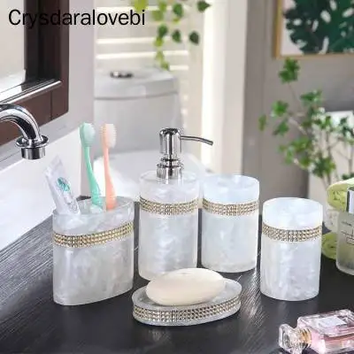 Luxury Rhinestone Resin Bathroom Accessories Set Bathroom Tray Bathroom Kit Tea Tray Cotton Swab Box Toothpick Box Cosmetic Case