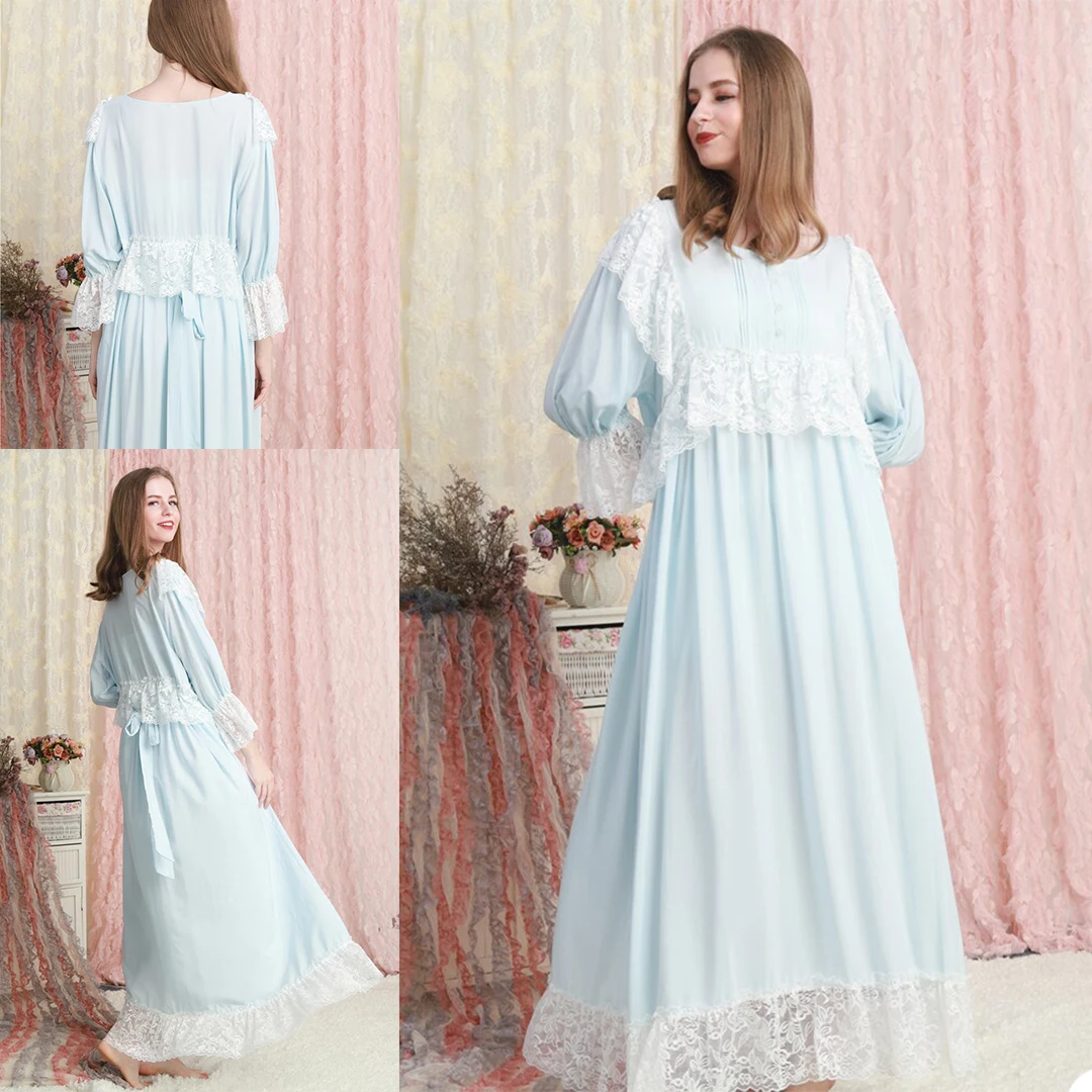 Sky Blue Bathrobe with Lace Custom Made Long Sleeves Nightgown Women Sleepwear For Bridal Boudoir Dress