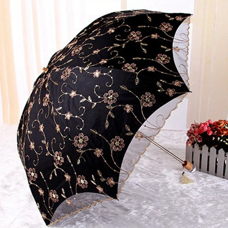 Lace Flower Folding Umbrella Embroider UV Protective Sun Rain Umbrella Pink Flower Print Princess Umbrella for Women