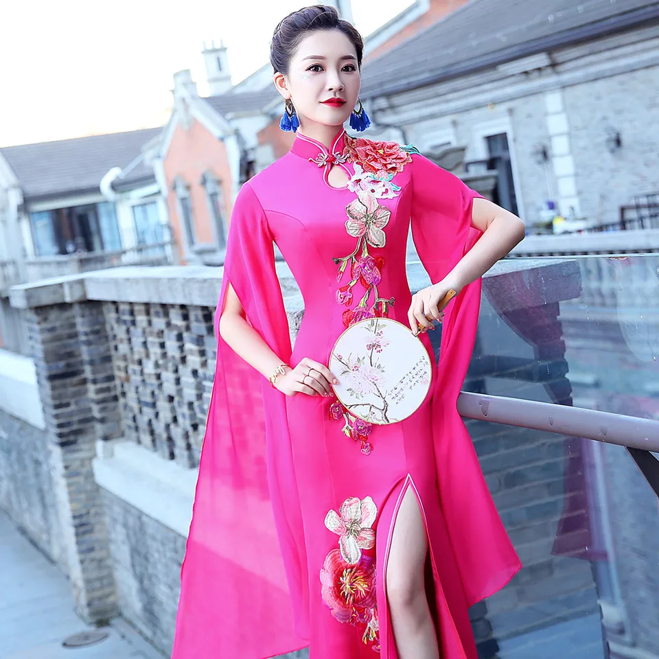 hot pink asian dress PINQI Toddler Big Kids Short Sleeve Chinese Dress Stand Up Collar Floral Print Cheongsam New Year's Gown Holiday Dresses for Birthday Wedding(2-Hot Pink,18-24 Months)