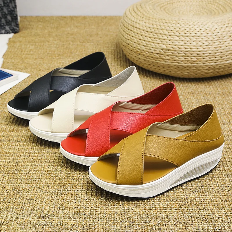 4 Styles Summer Women Sandals Platform Wedges Sandals Leather Swing Peep Toe Casual Shoes Women Walk Shoes Flats Size 35-43