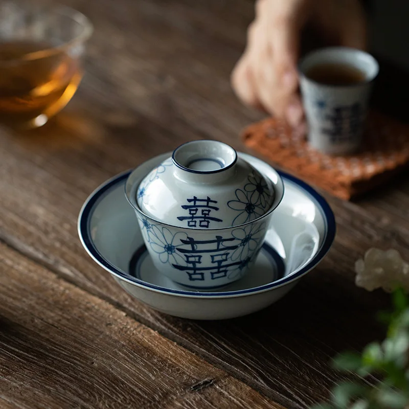 110ml Hand Painted Double Happiness Ceramic Tea Tureen Blue And White Porcelain Tea Maker Gaiwan Covered Bowl Kung Fu Teaware