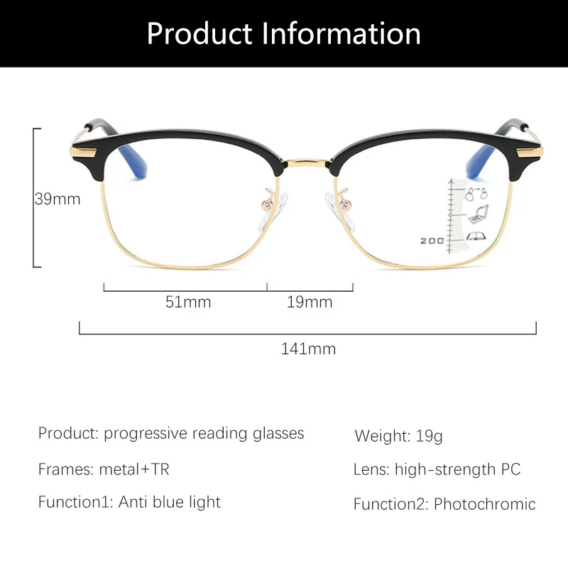 Progressive Multifocal Browline แว่นตา Photochromic Anti Blue Light แว่นตา Presbyopic สำหรับ Men Women อ่าน Uv ป้องกัน