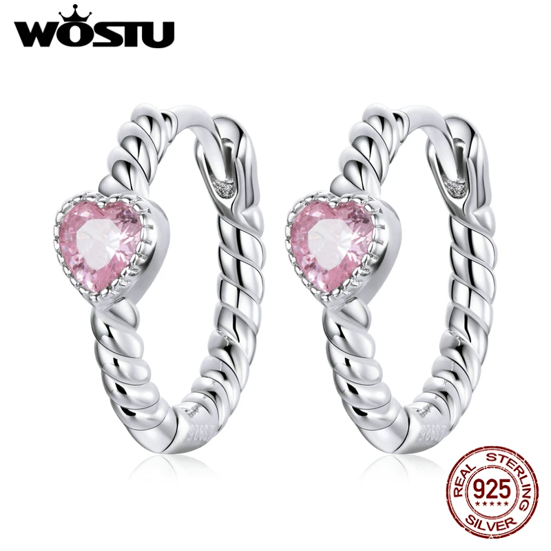 WOSTU Real 925 Sterling Silver Love Heart Earrings Pink Zircon Hoop Earrings For Women Fashion Wedding Silver Jewelry CQE1081