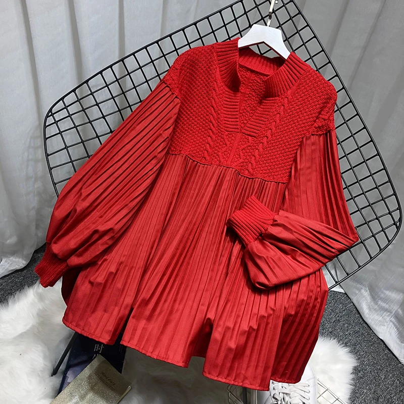 SuperAen Sweater Female Korean Design 2021 Autumn Retro Knitted Stitching Loose Oversize Ladies V-neck Sweater Shirt