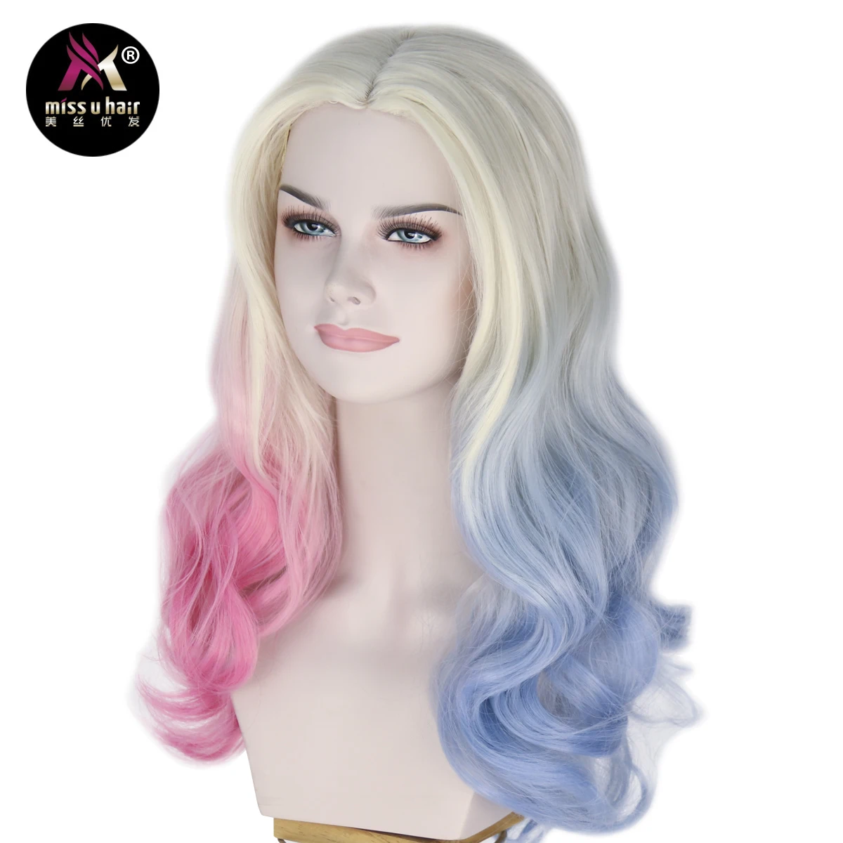 Miss U Hair Long Curly Blue Pink Blond Color Middle Parting Halloween Cosplay Movie Women Wig