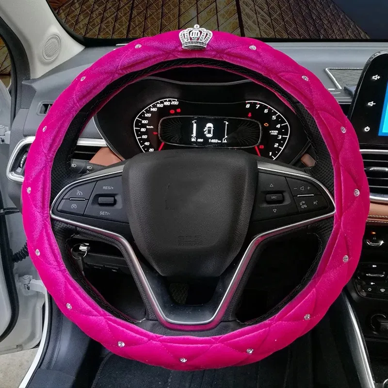 Universal 38CM Steering Wheel Cover Plush Fluffy Warm Cover for Car SUV Luxury Crown Diamond Design Auto Interior Accessories