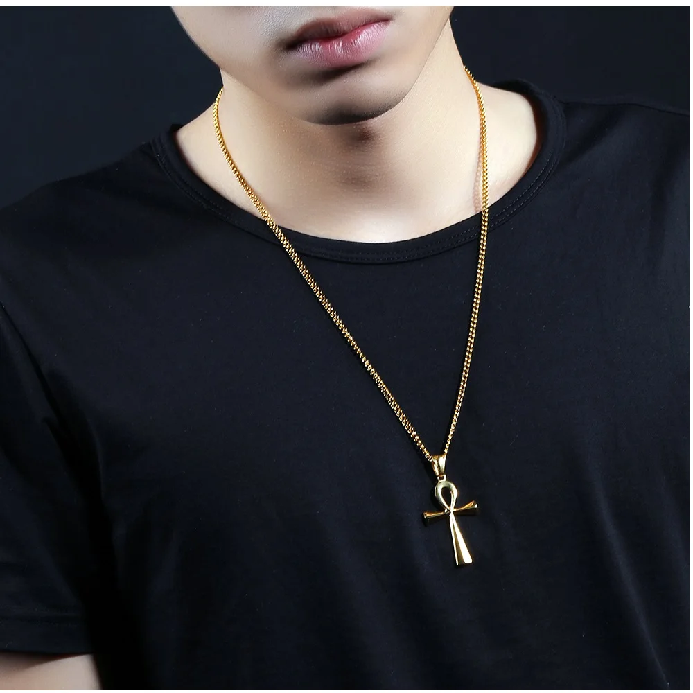 Egyptian Ankh Cross Pendant Necklace For Women Men Stainless Steel Black Gold Color Egypt Vintage Jewelry