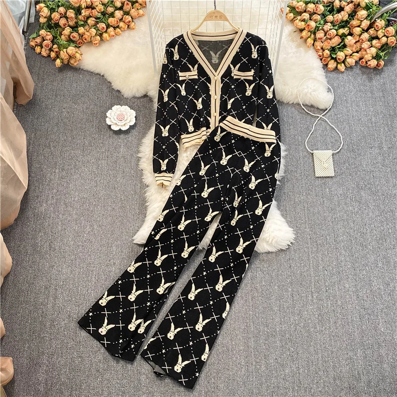 2024 Spring Autumn Knited Two Piece Set Women Clothing Sets Casual Long Sleeve Sweater Cardigan + Wide Leg Long Pants Suits