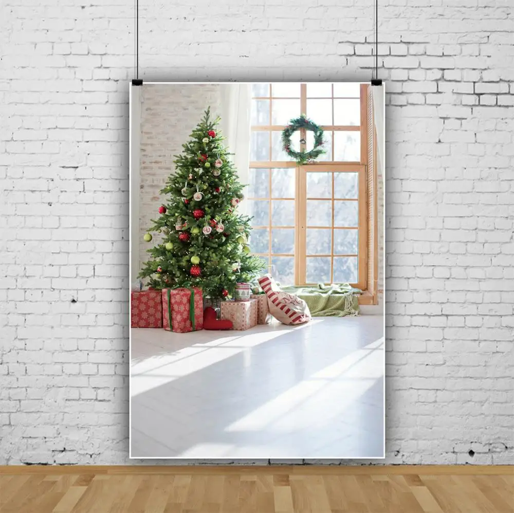 Laeacco Christmas Festivals Tree Gift Wreath Garland Window Rural House Interior Photo Background Photo Backdrop Photo Studio