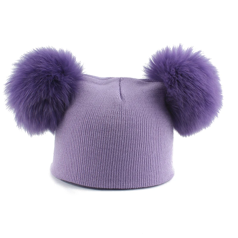 Mother Baby Beanie Kids Winter Fox Fur Pompom Hat Cute Double Pompon Cap For Girls Boys Warm Knitted Hats