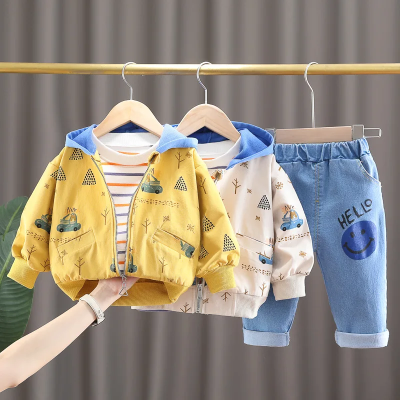 Baby Boys Clothing Sets Autumn Infant Cartoon Hooded Coats Stripe T Shirt Jeans Children Cotton Clothes Outfit Kids Sportswear