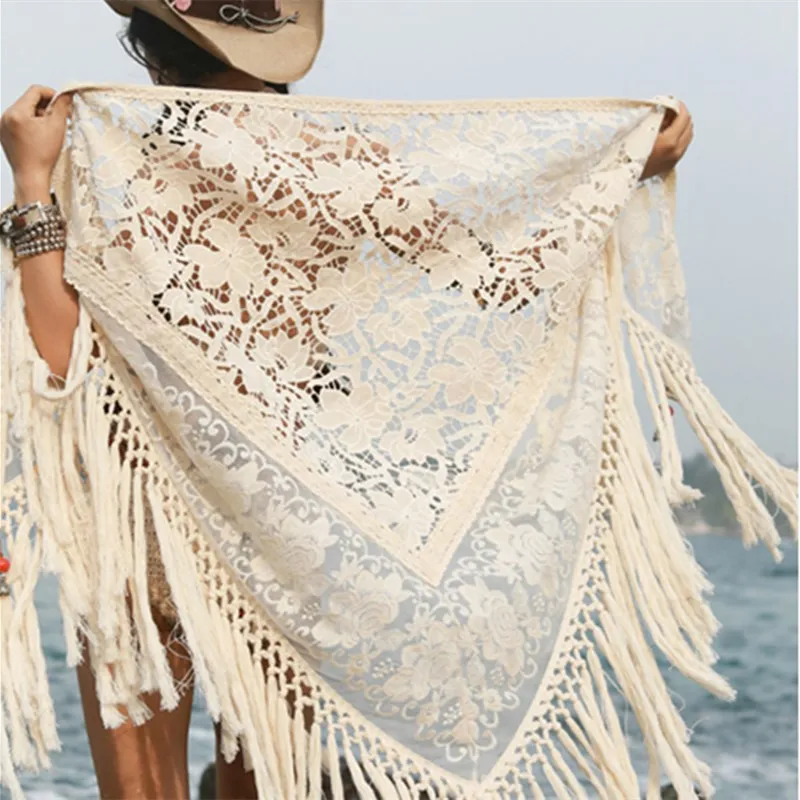 Fashion New Women Sexy Summer All-Match Seaside Beach Vacation Hollow Out Tassel Cotton Lace Big Shawl Scarf